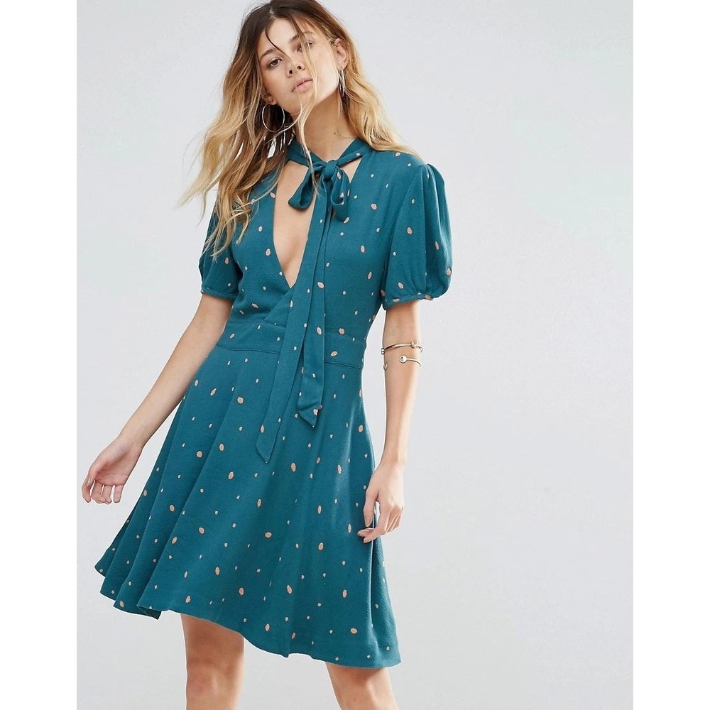 FREE PEOPLE Teal Abbie Mini Dress REVERSIBLE Orange Polka Dot Tie Neck 12 NWOT